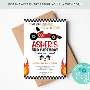 Race Car Birthday Invitation, Boy Any Age, Start Your Engines Get in Gear, Editable on Corjl