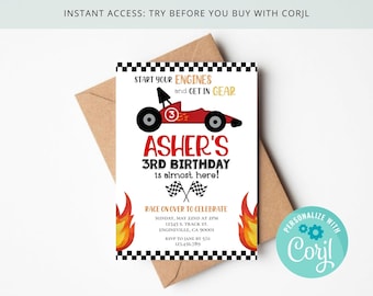 May include: A red and black race car birthday invitation with flames and checkered flags. The invitation says "Start your engines and get in gear" and "Asher's 3rd Birthday is almost here!"  The invitation also includes the date, time, and location of the party.