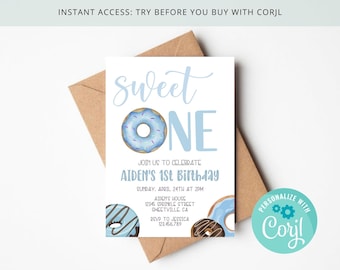 Sweet One Donut Baby Boy 1st Birthday Invitation, Pastel Blue Donuts and Sprinkles, Editable & Printable on Corjl