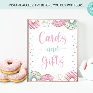 Donut Birthday Sign , Cards and Gifts , Donut Birthday Theme , Pastel Pink Donuts and Sprinkles , Editable on Corjl