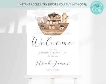 Noah's Ark Baptism Welcome Sign , Watercolor Animals, Editable on Corjl , DIGITAL