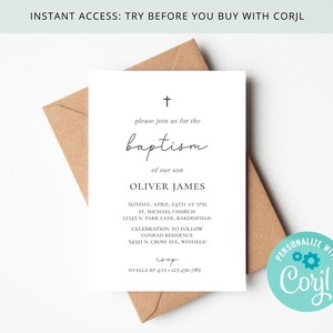 Baptism Minimalist Classic Invitation , Gender Neutral , Black and White Invite , Editable & Printable on Corjl