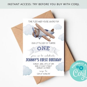 May include: A birthday invitation with a watercolor airplane illustration. The text reads "Time flies when you're having fun" and "Our little boy is turning one." The invitation includes details for Johnny's first birthday.