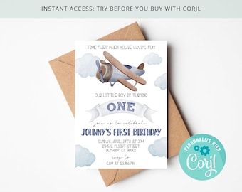 Airplane 1st Birthday Boy Invitation , Time Flies When You're Having Fun , Plane , Clouds , Editable on Corjl