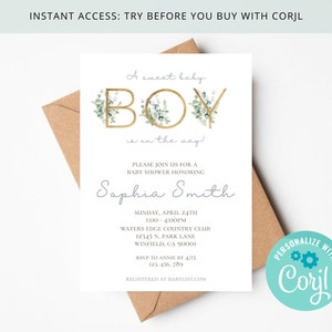 Sweet Baby Boy Baby Shower or Sprinkle Invitation, Boho Gold and Green, Eucalyptus Greenery, Editable & Printable on Corjl