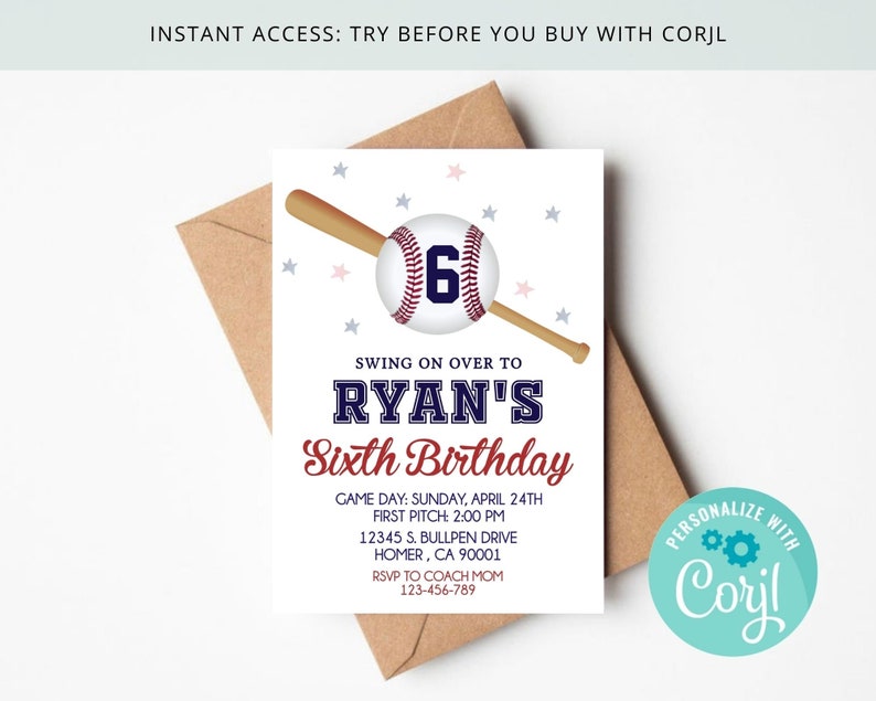 Baseball Boy Birthday Invitation Any Age Batter Up Swing On Over Bat and Baseball Red and Blue Editable Printable on Corjl