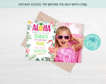May include: A colorful luau party invitation with a pineapple and the text "Aloha hula on over to Tiana's 6th Birthday Luau". The invitation includes a photo of a young girl wearing sunglasses and a pink dress. The text on the invitation includes the date, time, address, and RSVP information.