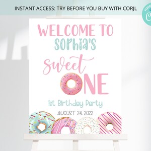 ドーナツ ウェルカム 1 歳の誕生日サイン、スイート ワン、女の子の赤ちゃん、パステル ピンクのドーナツとスプリンクル、Corjl で編集および印刷可能