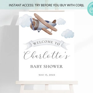 Airplane Boy Baby Shower Welcome Sign , Baby Shower Decor , Blue Airplane Clouds , Editable on Corjl , DIGITAL