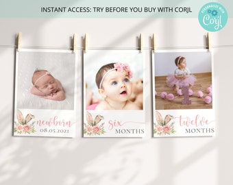 Bunny 1st Birthday Monthly Photo Banner , Somebunny is One , Baby Girl , Editable on Corjl , DIGITAL
