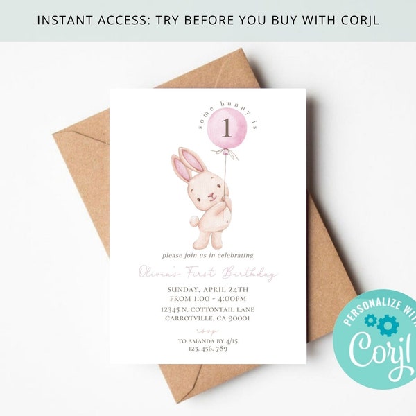 Some Bunny Birthday Invitation, Baby Girl , Any Age, Watercolor Pink Balloons, Editable & Printable on Corjl