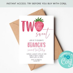 Strawberry 2nd Birthday Invitation , Two Sweet Strawberries , Girl 2nd Birthday , Editable & Printable on Corjl