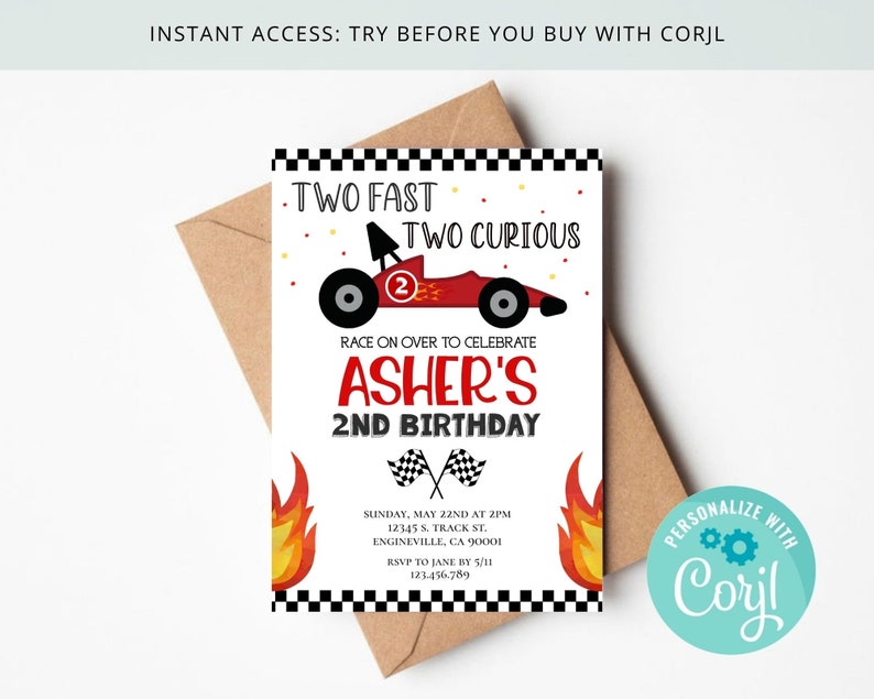 Race Car 2nd Birthday Boy Invitation Two Fast Two Curious Start Your Engines Get in Gear Editable on Corjl