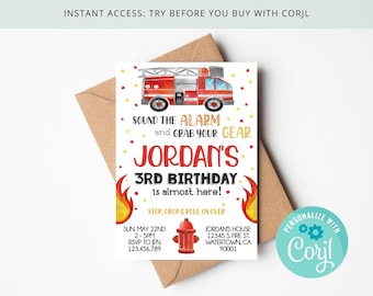Puede incluir: Una invitación de cumpleaños roja y amarilla con un camión de bomberos de dibujos animados y el texto "Sound the alarm and grab your gear Jordan's 3rd Birthday is almost here!" La invitación también incluye la fecha, la hora, la información de RSVP y la dirección.