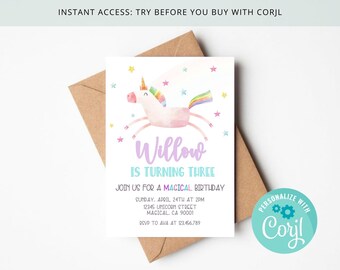 Invitación Unicorn Birthday Girl, Cualquier Edad, Mágico, Unicornio, Arco Iris, Estrellas, Editable en Corjl