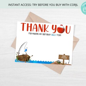 Tarjeta de agradecimiento de cumpleaños de pesca, caña de pescar de agua de pescador de barco de acuarela, editable imprimible en Corjl