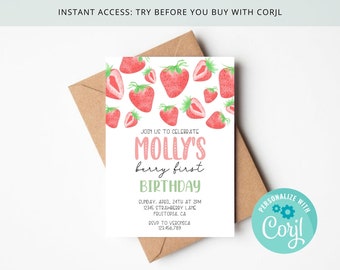 Strawberry 1st Birthday Baby Girl Invitation, Berry First Birthday , Editable & Printable on Corjl