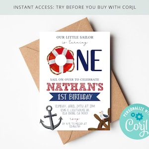 Nautical Sailor 1st Birthday Boy Invitation, Our Little Sailor is ONE, Watercolor Sailboat Lighthouse, Editable Printable on Corjl