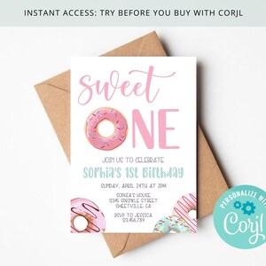 Sweet One Donut Baby Girl 1st Birthday Invitation, Pastel Pink Donuts and Sprinkles, Editable & Printable on Corjl