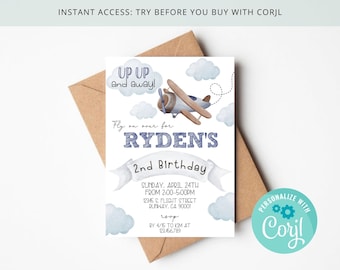 Airplane Boy Birthday Invitation , Clouds and Flying Plane , Any Age , Up Up and Away , Editable & Printable on Corjl