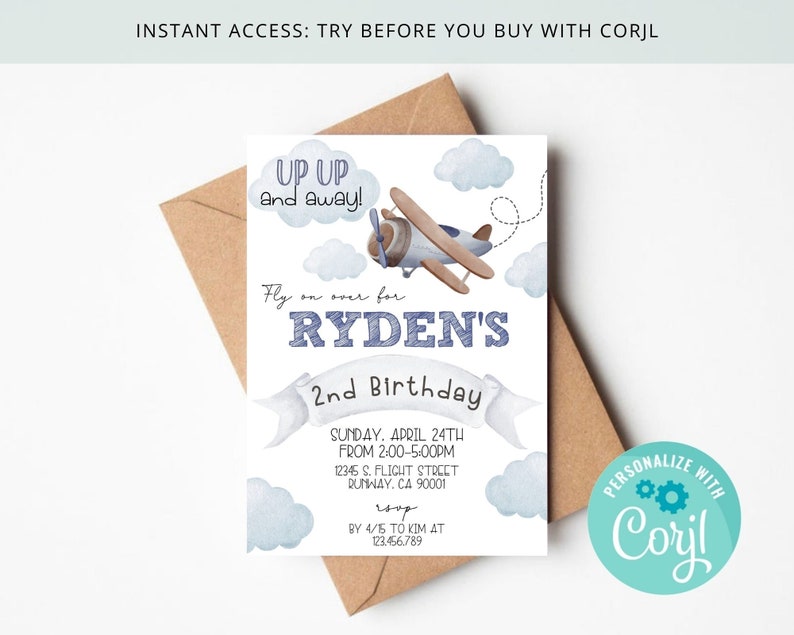 Airplane Boy Birthday Invitation Clouds and Flying Plane Any Age Up Up and Away Editable Printable on Corjl