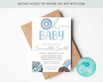 May include: A blue and white baby shower invitation with a donut design. The invitation says "Oh Baby" and includes the name Samantha Smith, the date and time of the shower, the location, and RSVP information. The invitation also includes a website for registering gifts.