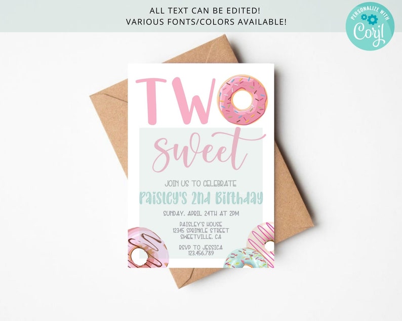 Two Sweet Donut 2nd Birthday Girl Invitation Pastel Colored Donuts and Sprinkles Editable Printable on Corjl