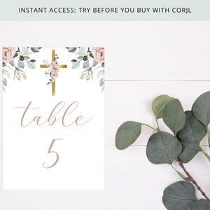 Floral Cross Table Numbers , Religious Event Decor , Girl Communion , Girl Baptism , Editable on Corjl , DIGITAL