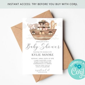 Noah&#39;s Ark Baby Shower Invitation , Watercolor Animals , Gender Neutral , Editable & Printable on Corjl