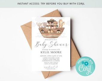 Noah's Ark Baby Shower Invitation , Watercolor Animals , Gender Neutral , Editable & Printable on Corjl
