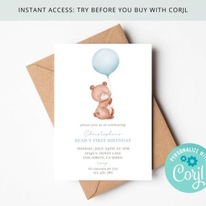 Bear 1st Birthday Invitation , Baby Boy , Beary 1st Birthday , Watercolor Blue Balloon, Editable on Corjl , DIGITAL