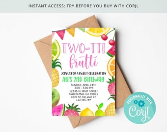 May include: A colorful invitation for a child's second birthday party with a fruit theme. The invitation features a watercolor illustration of various fruits, including watermelon, pineapple, kiwi, strawberries, lemons, and cherries. The text on the invitation reads "TWO-TTI frutti Ali's 2ND Birthday".