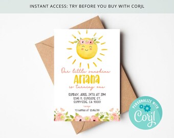 Sun Birthday Invitation , Girl Any Age , Watercolor Sun and Floral , Our Little Sunshine , Editable on Corjl