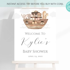 Noah&#39;s Ark Baby Shower Welcome Sign , Baby Shower Decor , Baby Sprinkle , Wild Animals , Gender Neutral , Editable on Corjl