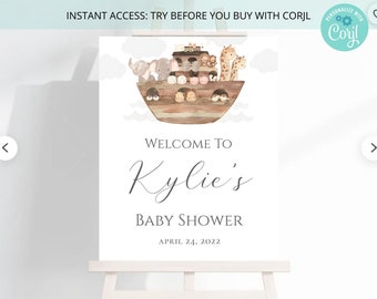 May include: A welcome sign for a baby shower with a watercolor illustration of animals on a boat. The sign says "Welcome to Kylie's Baby Shower April 24, 2022".