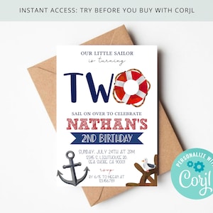 Nautical Sailor 2nd Birthday Boy Invitation, Our Little Sailor is TWO , Watercolor Sailboat Lighthouse, Editable on Corjl , DIGITAL