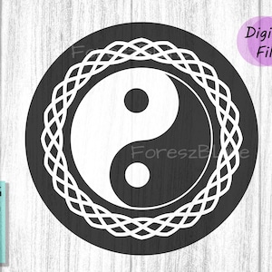 May include: Black and white Yin Yang symbol with a white Celtic knot border. The symbol is on a black circle.