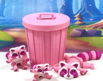 3D Printed Articulated Raccoon Figures with Pink Trash Can - McGybeer Design
