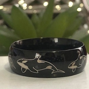Orca Tungsten Wedding Rings Black Tungsten Wedding Ring with Orca Design Beach Wedding Ring Orca Ring Anniversary Ring for Men and Women