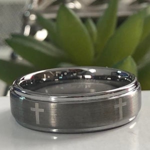 7mm Tungsten Wedding Band Mens Cross Tungsten Wedding Ring,  Tungsten Ring with Cross Design Grooms Ring Mens Wedding Band