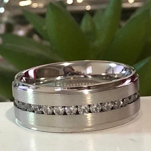 9mm Titanium Wedding Band Mens Eternity Cz Titanium Wedding Ring Grooms Wedding Band Brushed Finish Comfort Fit Ring FREE ENGRAVING