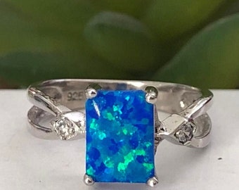 Opal Ring 925 Sterling Silver Blue Lab Opal CZ Promise Ring Engagement Ring, Promise Ring for Her