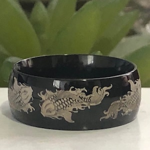 Koi Carp Ring Design Black Plated Tungsten Ring for Men and Women, Beach Wedding Band Laser Engraved Koi Fish Design