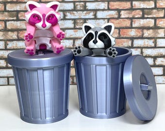 3D Printed Articulated Raccoon with Trashcan: Tiny Animal Figure Set