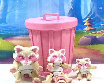 3D Printed Articulated Raccoon Figures with Pink Trashcan