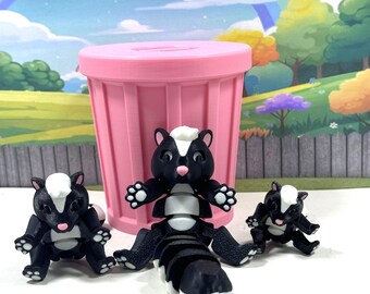3D Printed Articulated Skunk Family with Trashcan - Fidget Toy Set