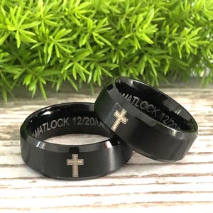 Matching Black Stainless Steel Wedding Ring Set: Engraved Couple Rings