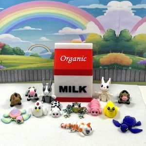 13pcs 3D Printed Mini Animal Figures with Milk Carton, Articulated Farm Animal Fidget Toy, Easter Egg Stuffing,Cake Topper, Party Decoration