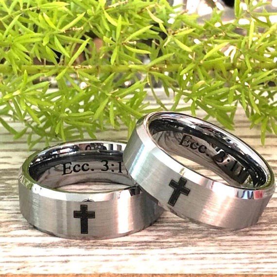 Personalized Cross Tungsten Wedding Ring Set: His and Hers