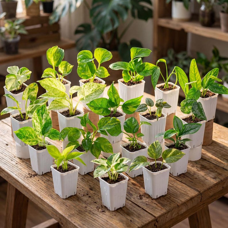 Puede incluir: Una colecci&oacute;n de plantas en macetas con hojas verdes y abigarradas. Las plantas est&aacute;n en peque&ntilde;as macetas blancas cuadradas, dispuestas sobre una mesa de madera r&uacute;stica. La imagen muestra una variedad de tipos de plantas, destacando sus diferentes formas y patrones de hojas.